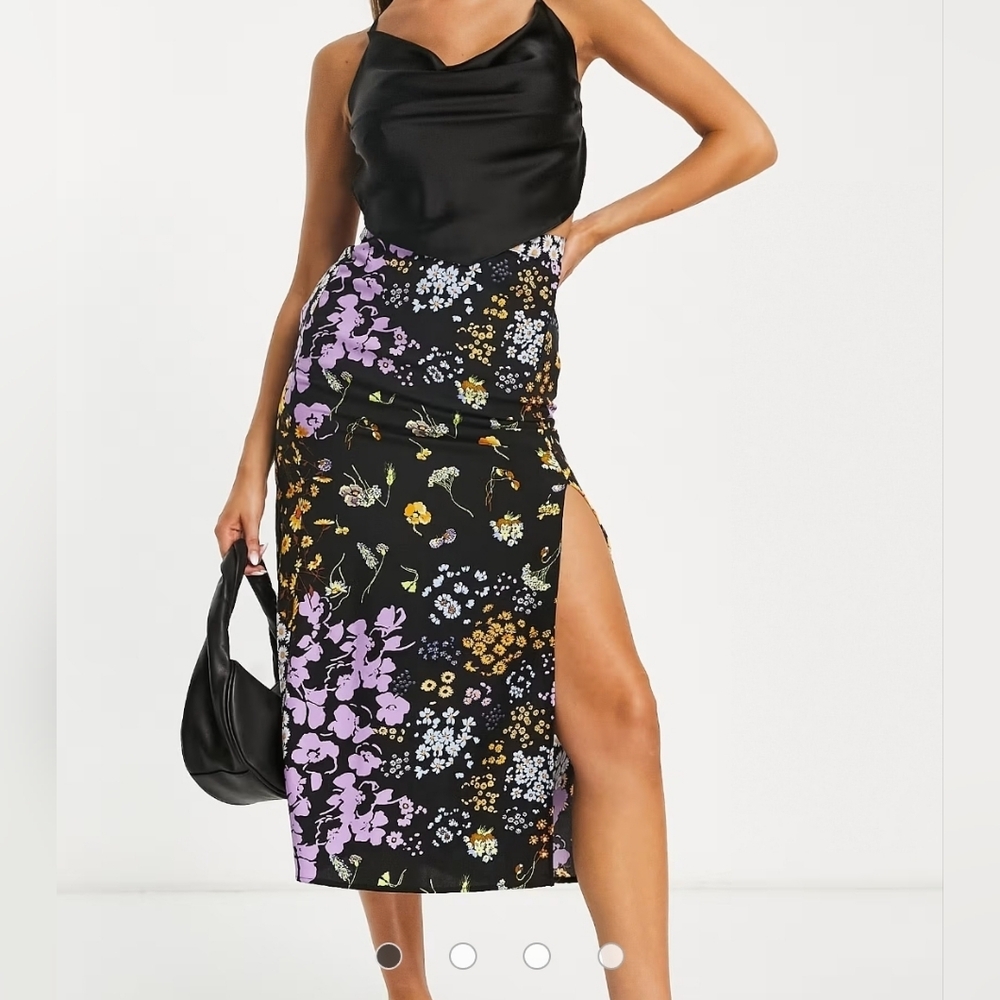 ASOS DESIGN Midi Slip skirt Thigh Slit Floral Print Purple Black Size 0